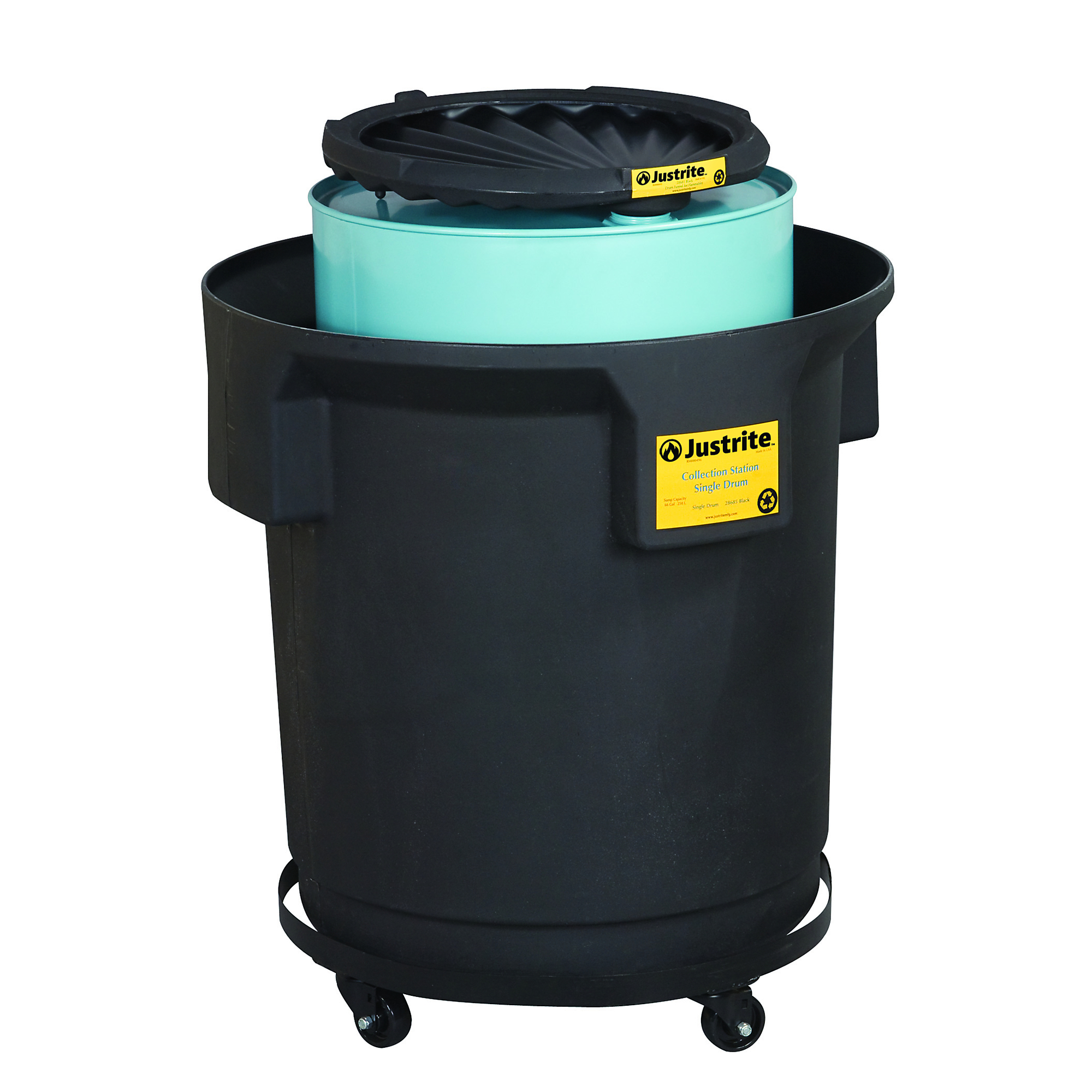 Justrite Single Drum Collection Center — For 55-Gallon Drum, EcoPolyBlend, Black, Lockable, Model# 28685